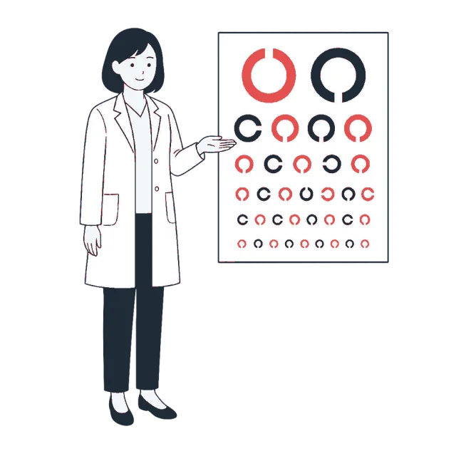 視能訓練士がランドルト環の視力表を示しているイラスト